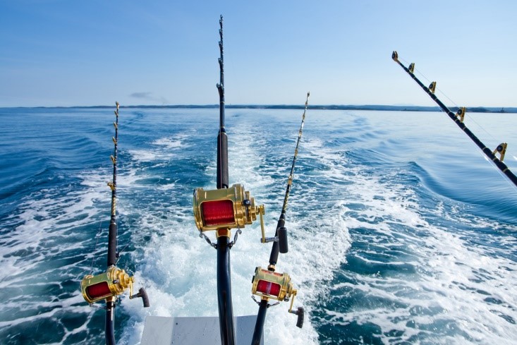fishing poles on the back of a boat in the ocean