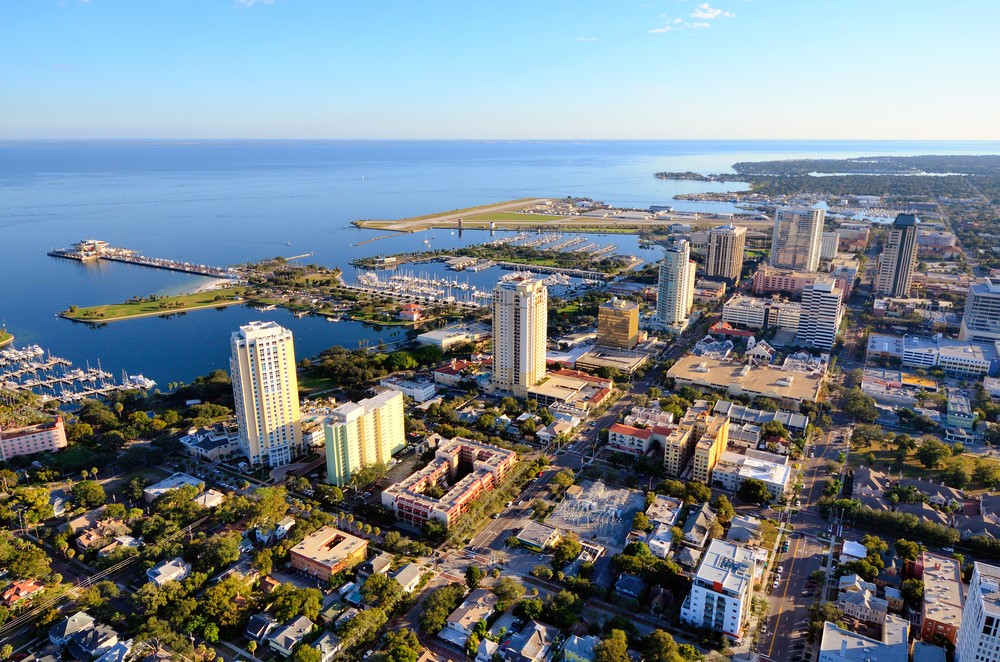 Aerial view of St. Petersburg, FL during a sunrise