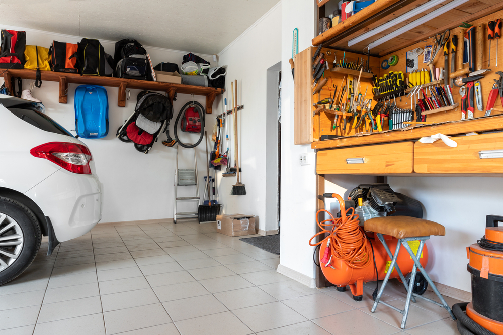 Organized garage with car in it